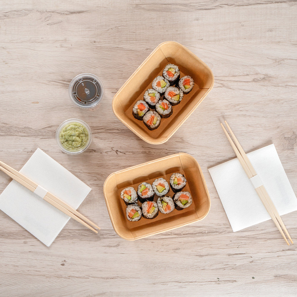 Matsuri Vision 34 oz Rectangle Kraft Paper Sushi Container - 6 1/2" x 4 3/4" x 2 3/4" - 100 count box