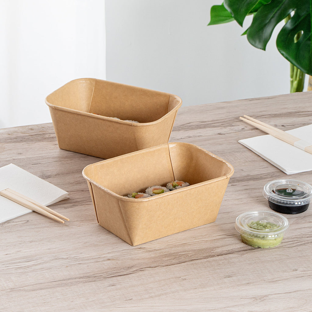 Matsuri Vision 34 oz Rectangle Kraft Paper Sushi Container - 6 1/2" x 4 3/4" x 2 3/4" - 100 count box