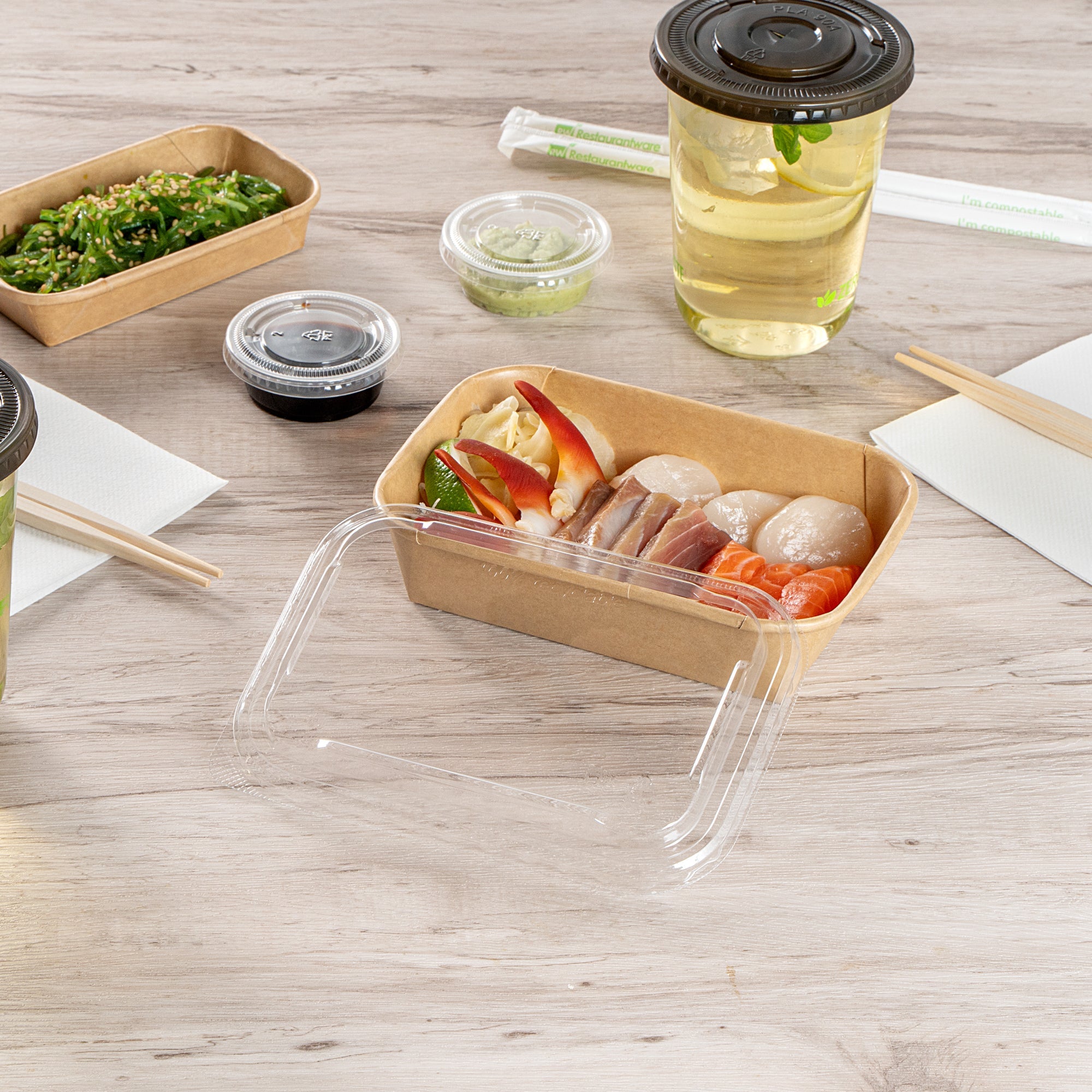 Matsuri Vision Clear PET Plastic Lid - Fits 17, 22, 26 and 34 oz Sushi Containers, Anti-Fog - 100 count box