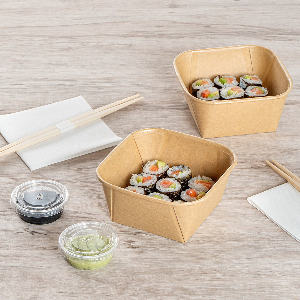 Matsuri Vision 22 oz Square Kraft Paper Sushi Container - 5" x 5" x 2 1/4" - 100 count box