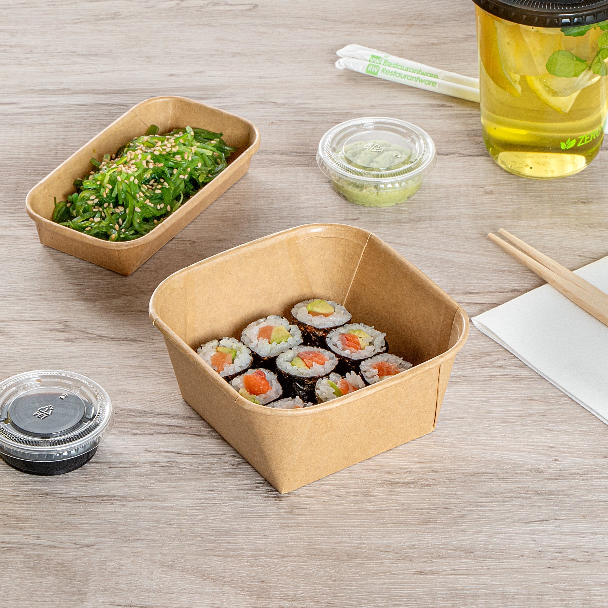 Matsuri Vision 22 oz Square Kraft Paper Sushi Container - 5" x 5" x 2 1/4" - 50 count box