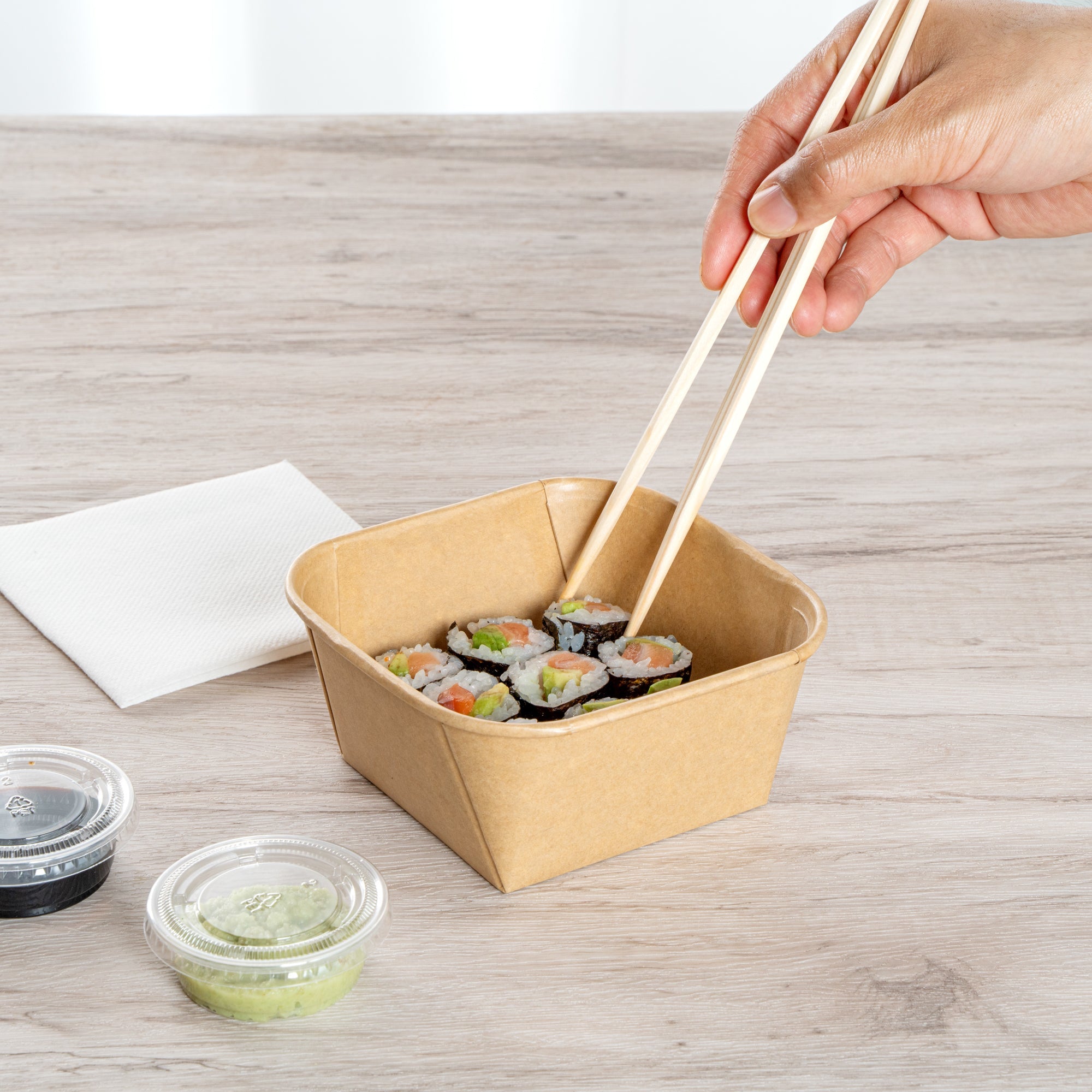 Matsuri Vision 22 oz Square Kraft Paper Sushi Container - 5" x 5" x 2 1/4" - 50 count box