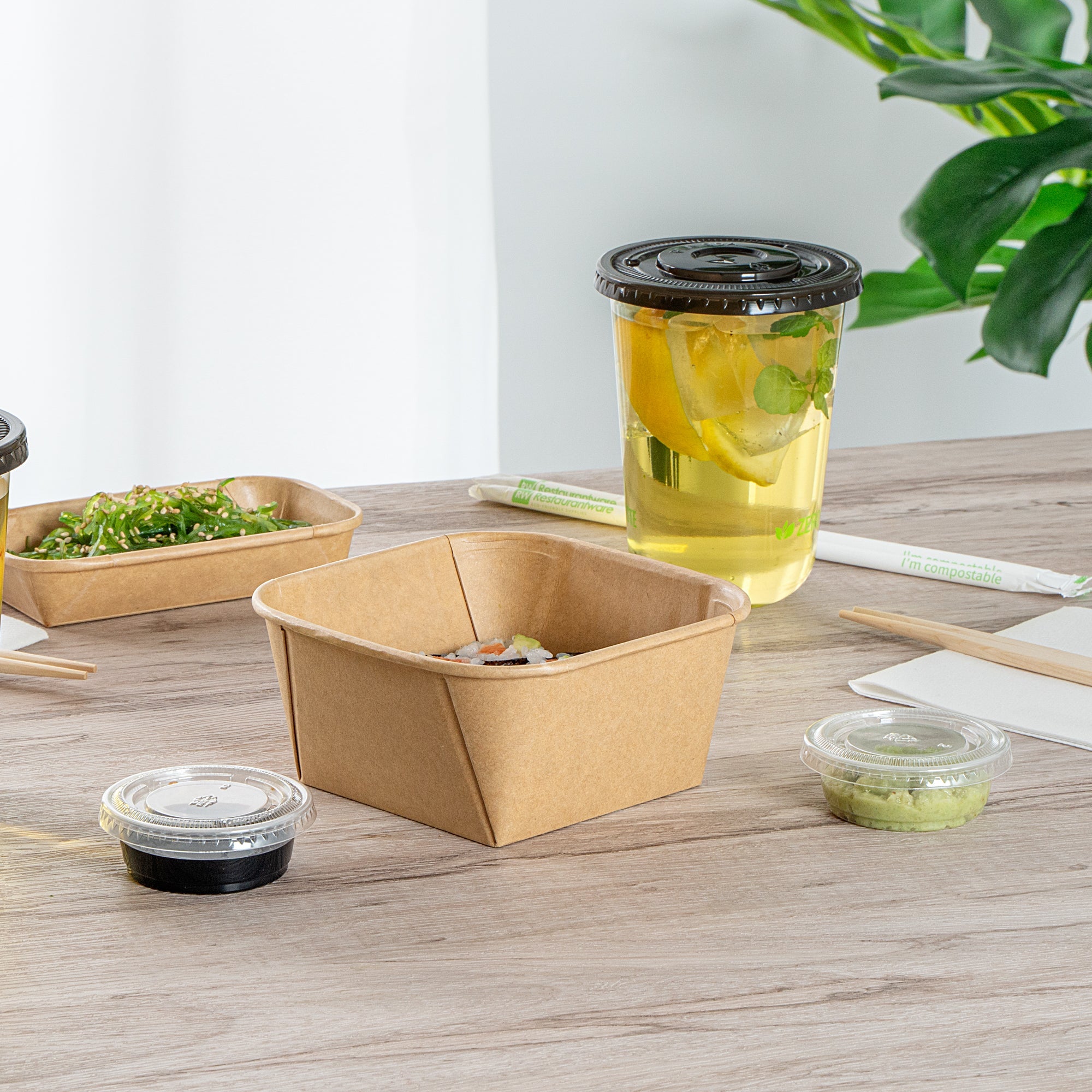Matsuri Vision 22 oz Square Kraft Paper Sushi Container - 5" x 5" x 2 1/4" - 50 count box