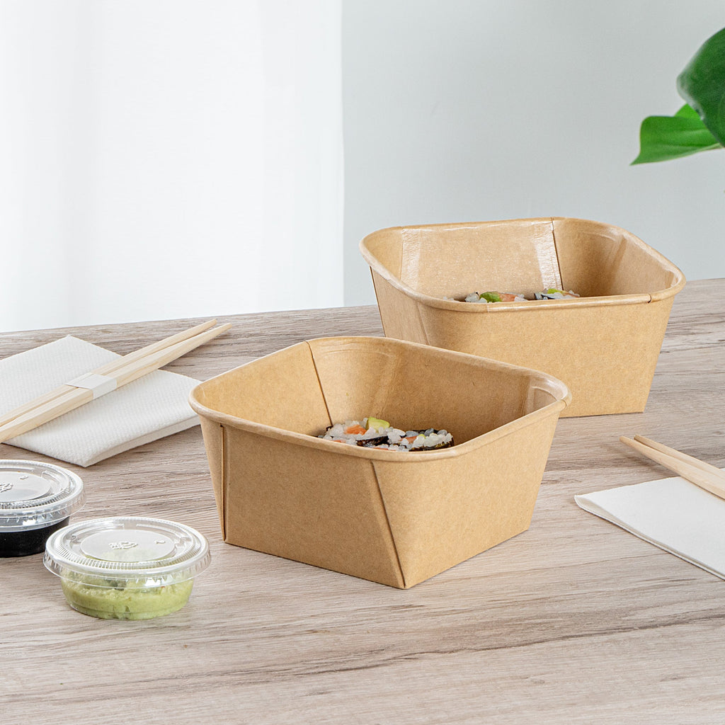 Matsuri Vision 22 oz Square Kraft Paper Sushi Container - 5" x 5" x 2 1/4" - 50 count box