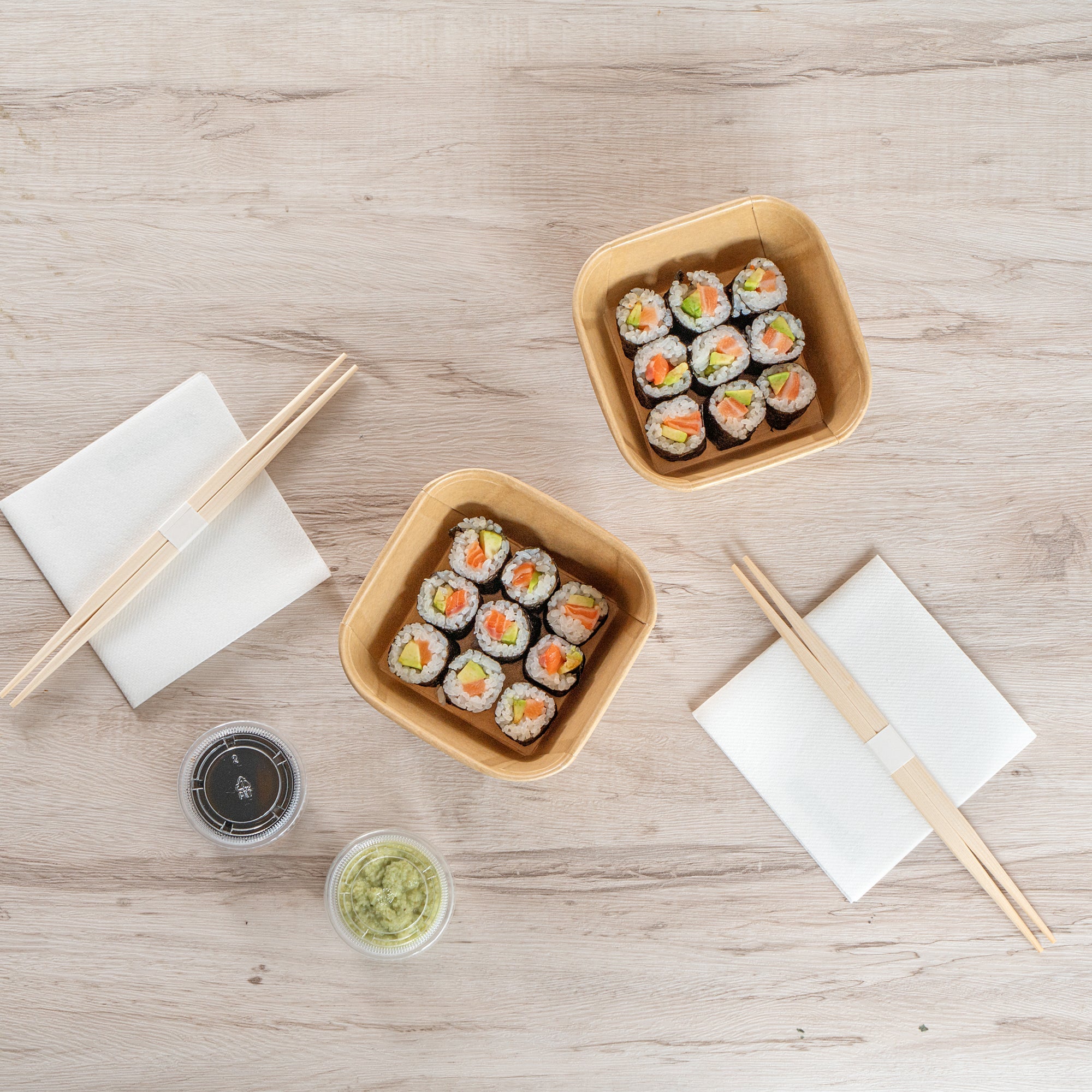 Matsuri Vision 22 oz Square Kraft Paper Sushi Container - 5" x 5" x 2 1/4" - 100 count box