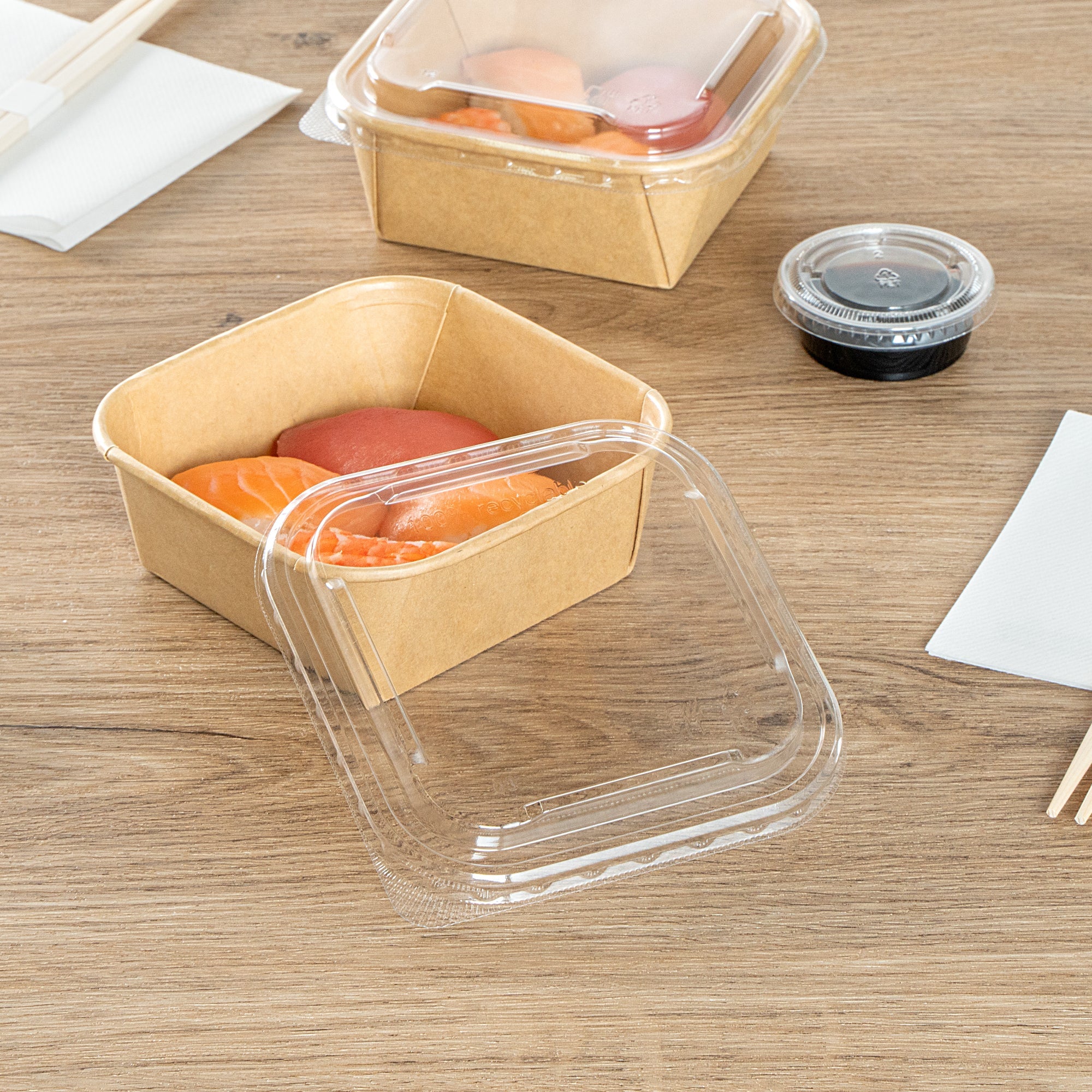 Matsuri Vision Clear PET Plastic Lid - Fits 17 and 22 oz Sushi Containers, Anti-Fog - 100 count box