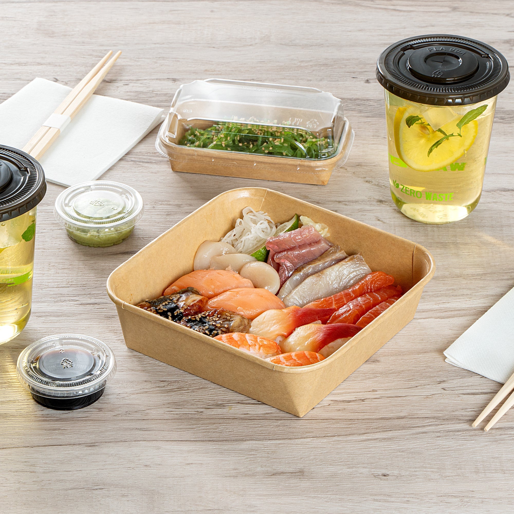 Matsuri Vision 34 oz Square Kraft Paper Sushi Container - 7" x 7" x 2" - 100 count box