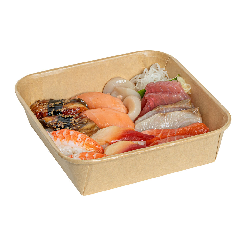Matsuri Vision 34 oz Square Kraft Paper Sushi Container - 7" x 7" x 2" - 50 count box