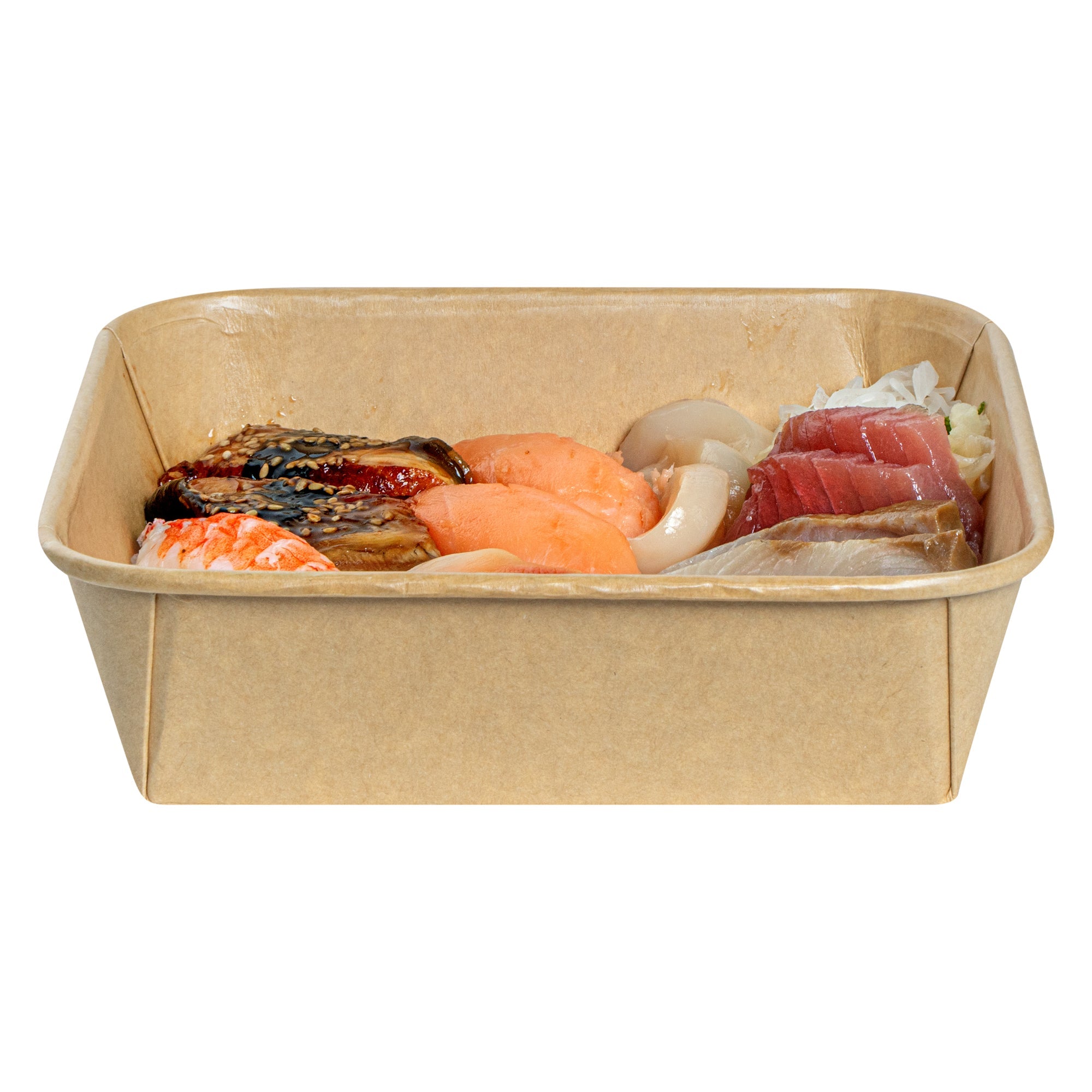 Matsuri Vision 34 oz Square Kraft Paper Sushi Container - 7" x 7" x 2" - 50 count box