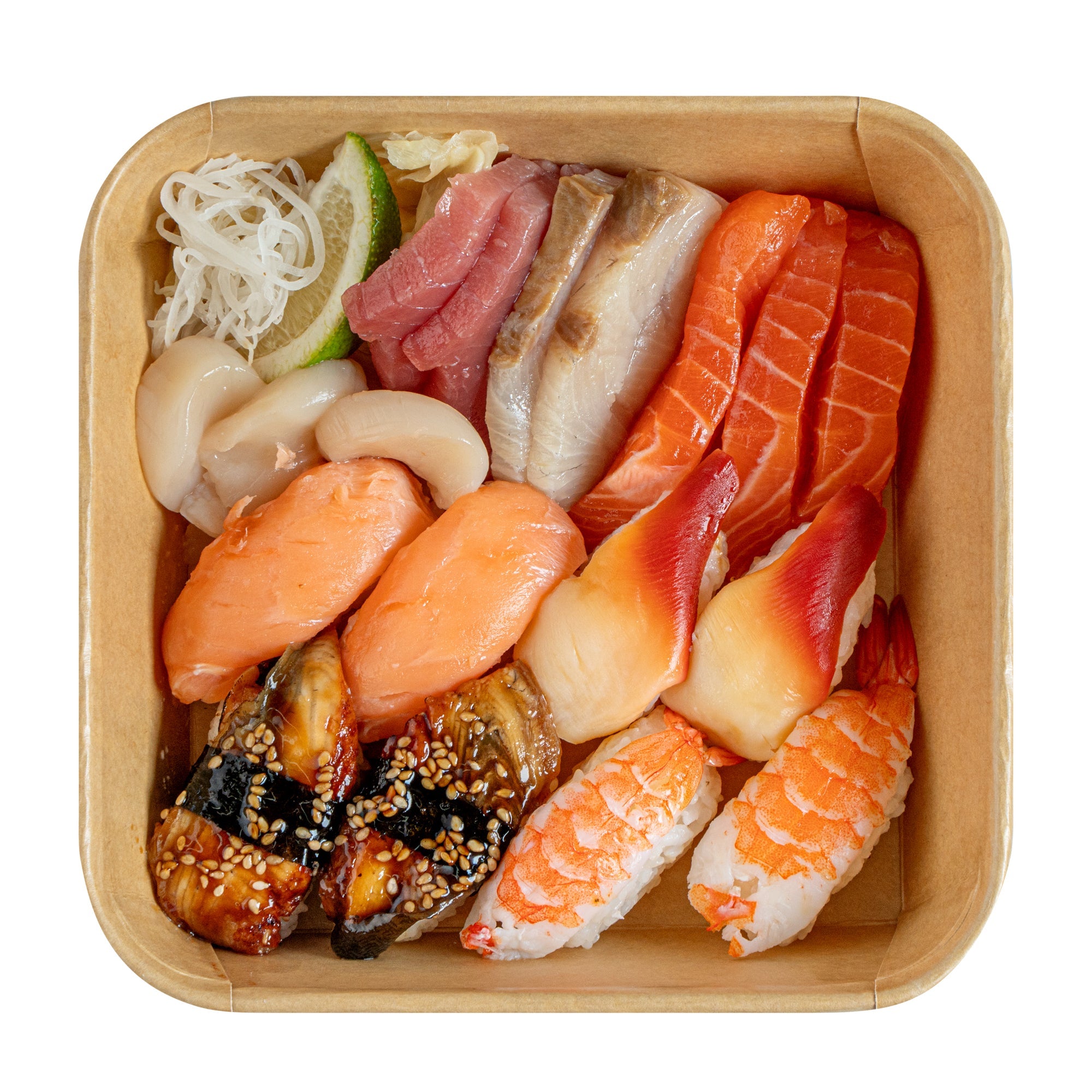 Matsuri Vision 34 oz Square Kraft Paper Sushi Container - 7" x 7" x 2" - 50 count box