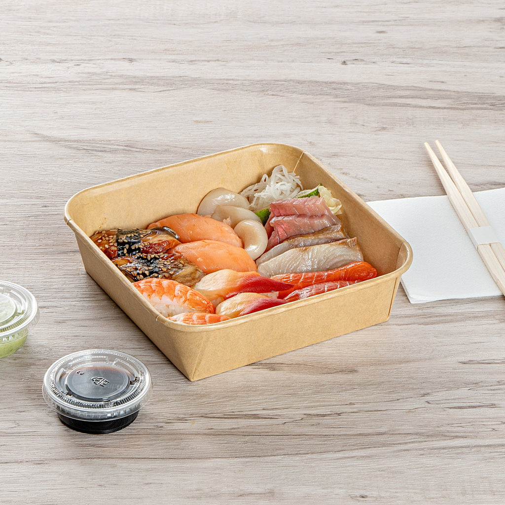 Matsuri Vision 34 oz Square Kraft Paper Sushi Container - 7" x 7" x 2" - 50 count box