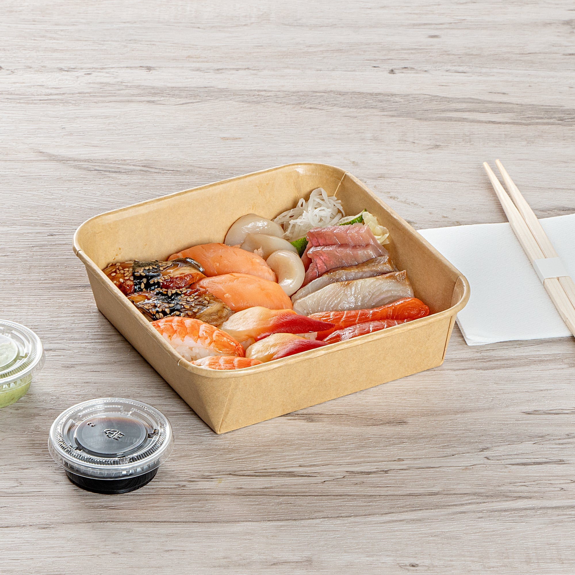 Matsuri Vision 34 oz Square Kraft Paper Sushi Container - 7" x 7" x 2" - 50 count box