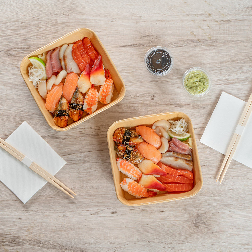 Matsuri Vision 34 oz Square Kraft Paper Sushi Container - 7" x 7" x 2" - 50 count box