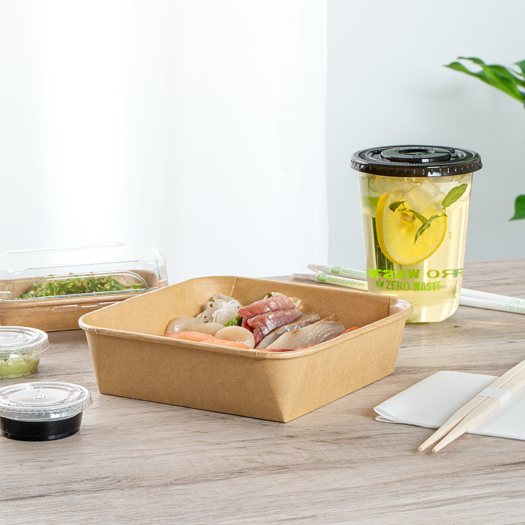 Matsuri Vision 34 oz Square Kraft Paper Sushi Container - 7" x 7" x 2" - 50 count box
