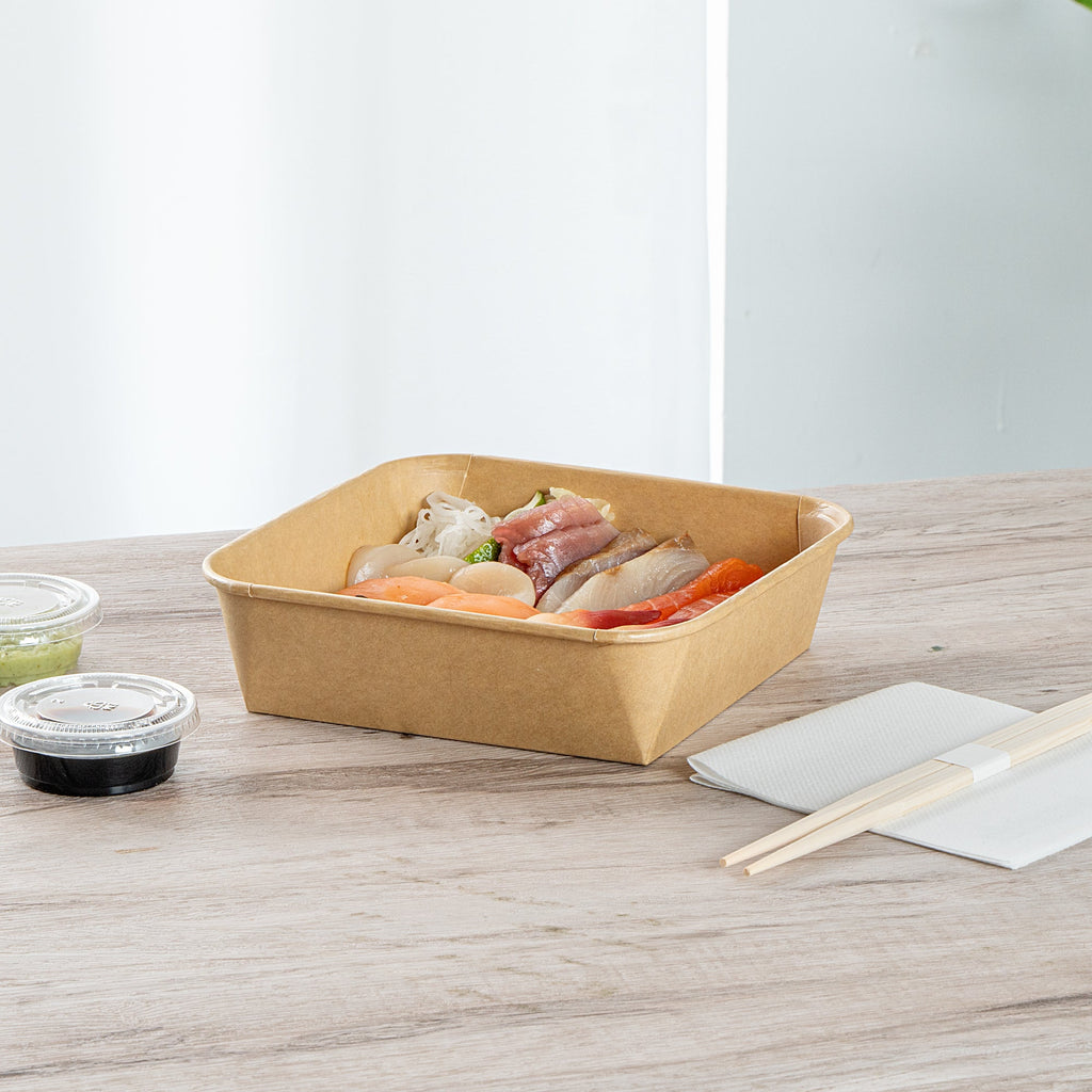 Matsuri Vision 34 oz Square Kraft Paper Sushi Container - 7" x 7" x 2" - 50 count box