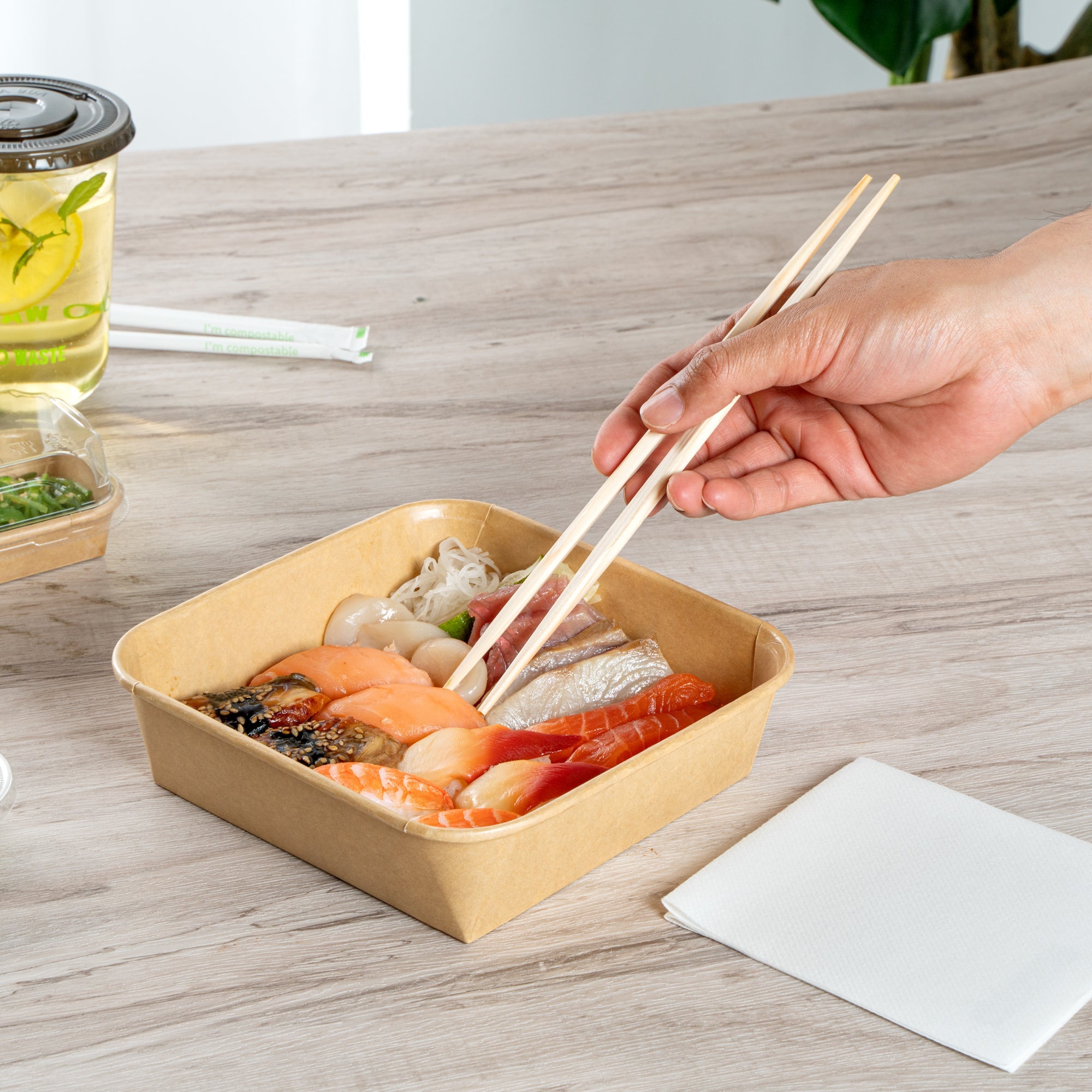 Matsuri Vision 34 oz Square Kraft Paper Sushi Container - 7" x 7" x 2" - 100 count box