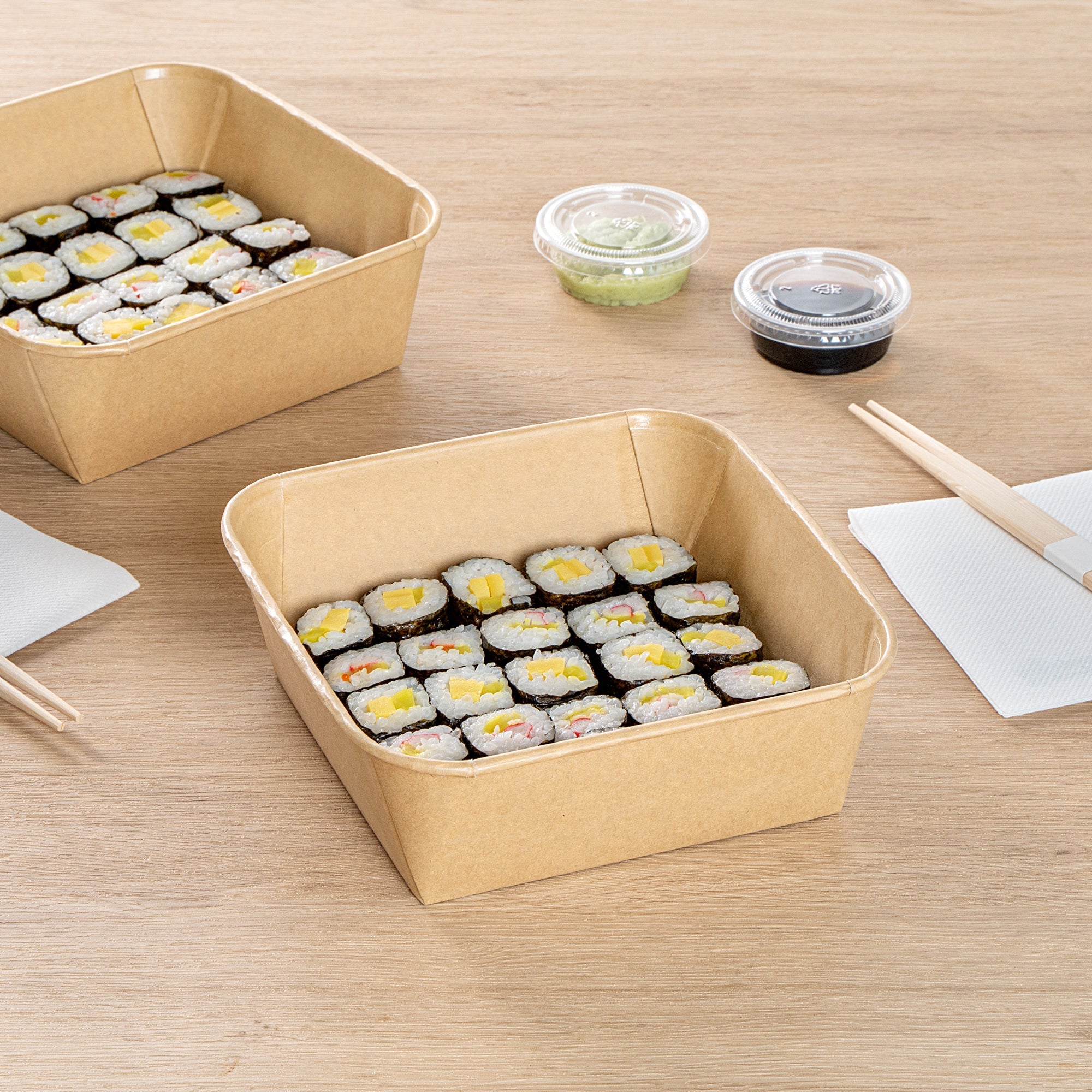 Matsuri Vision 45 oz Square Kraft Paper Sushi Container - 7" x 7" x 2 1/4" - 100 count box