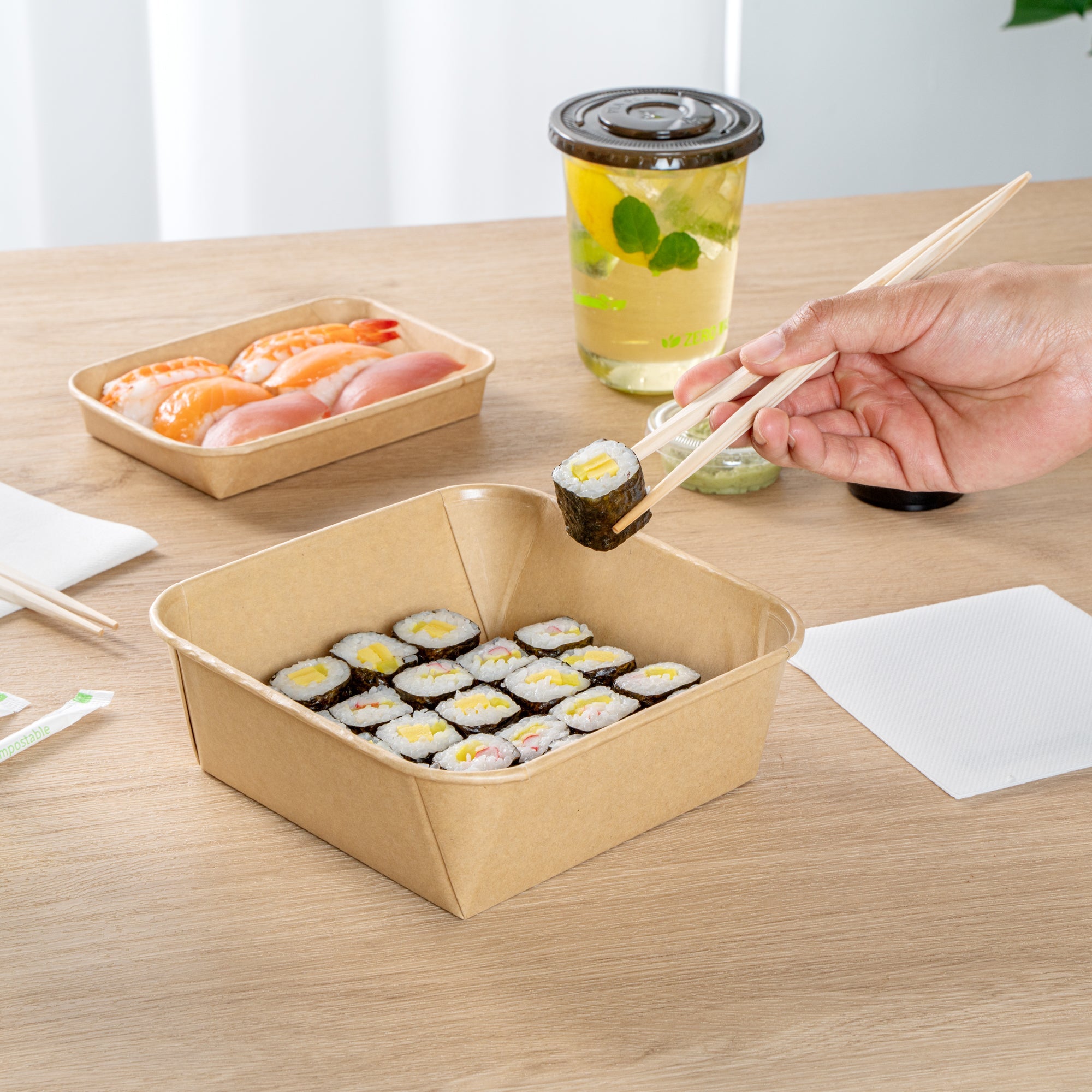 Matsuri Vision 45 oz Square Kraft Paper Sushi Container - 7" x 7" x 2 1/4" - 100 count box
