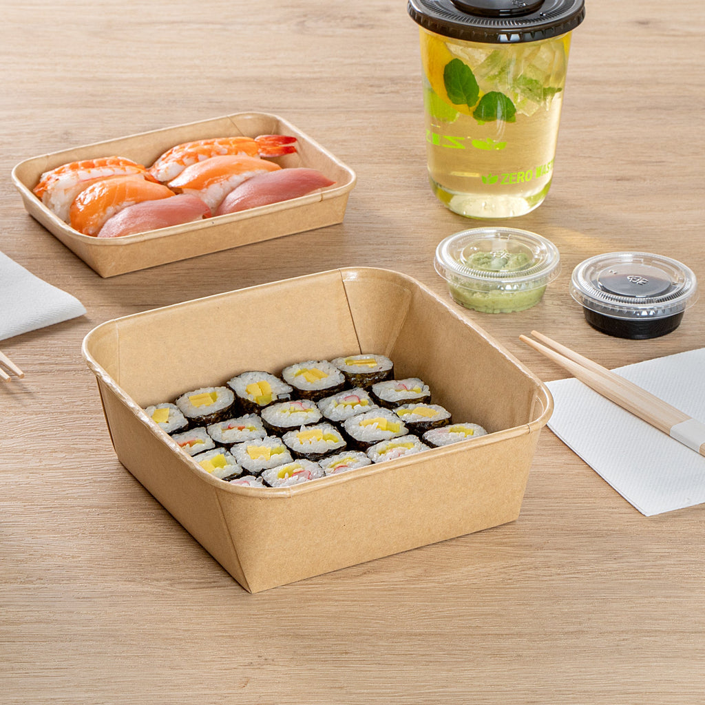 Matsuri Vision 45 oz Square Kraft Paper Sushi Container - 7" x 7" x 2 1/4" - 100 count box