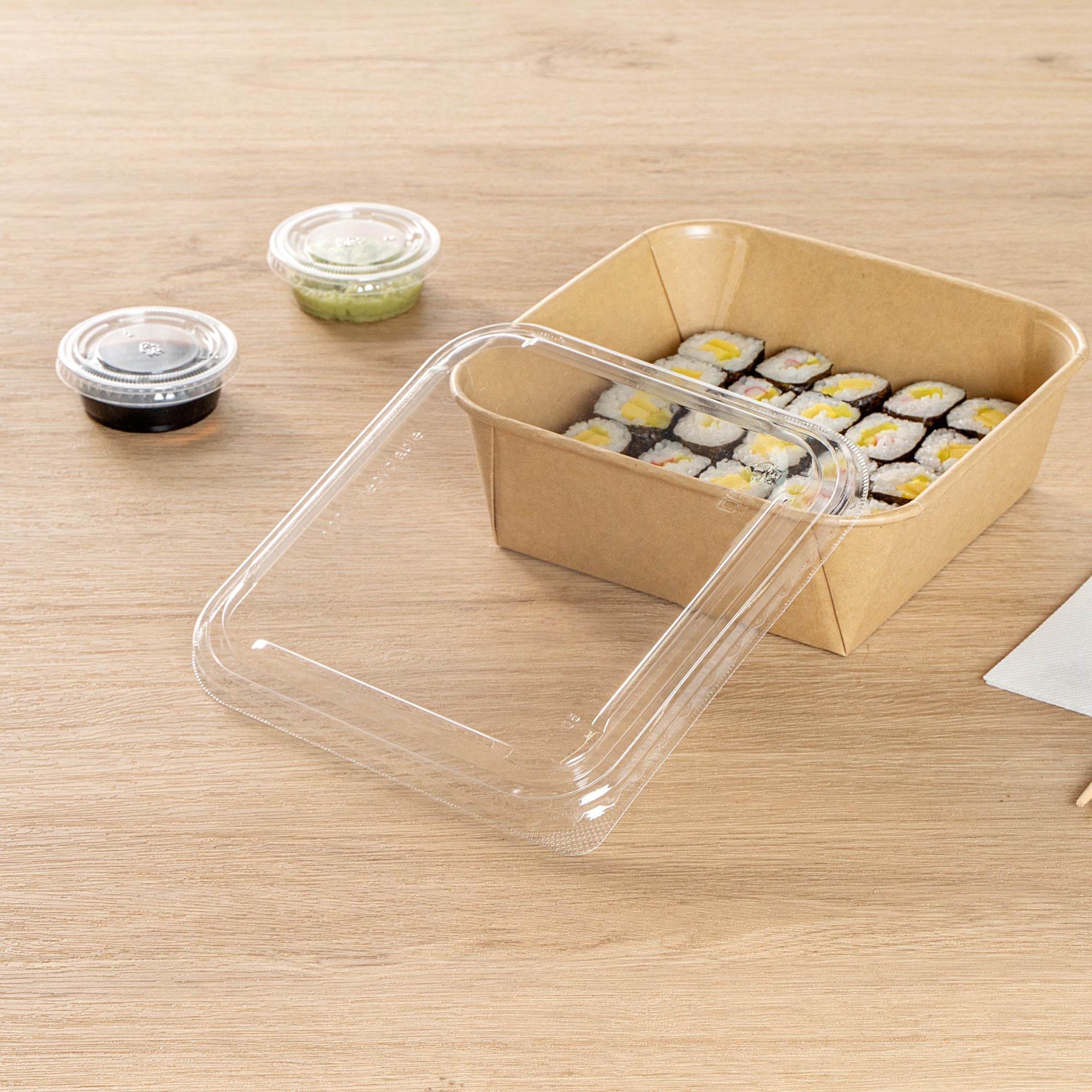 Matsuri Vision Clear PET Plastic Lid - Fits 34 and 45 oz Sushi Containers, Anti-Fog - 100 count box