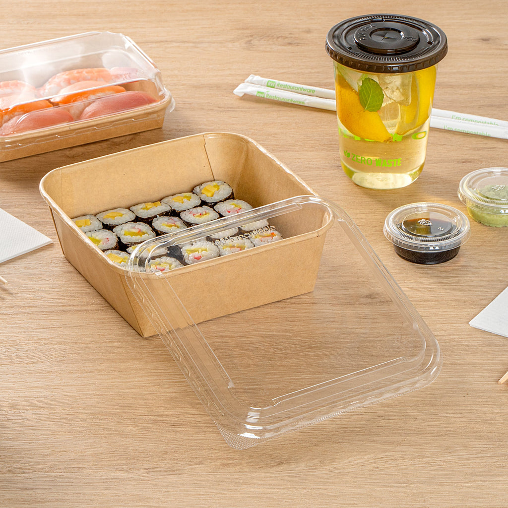 Matsuri Vision Clear PET Plastic Lid - Fits 34 and 45 oz Sushi Containers, Anti-Fog - 50 count box