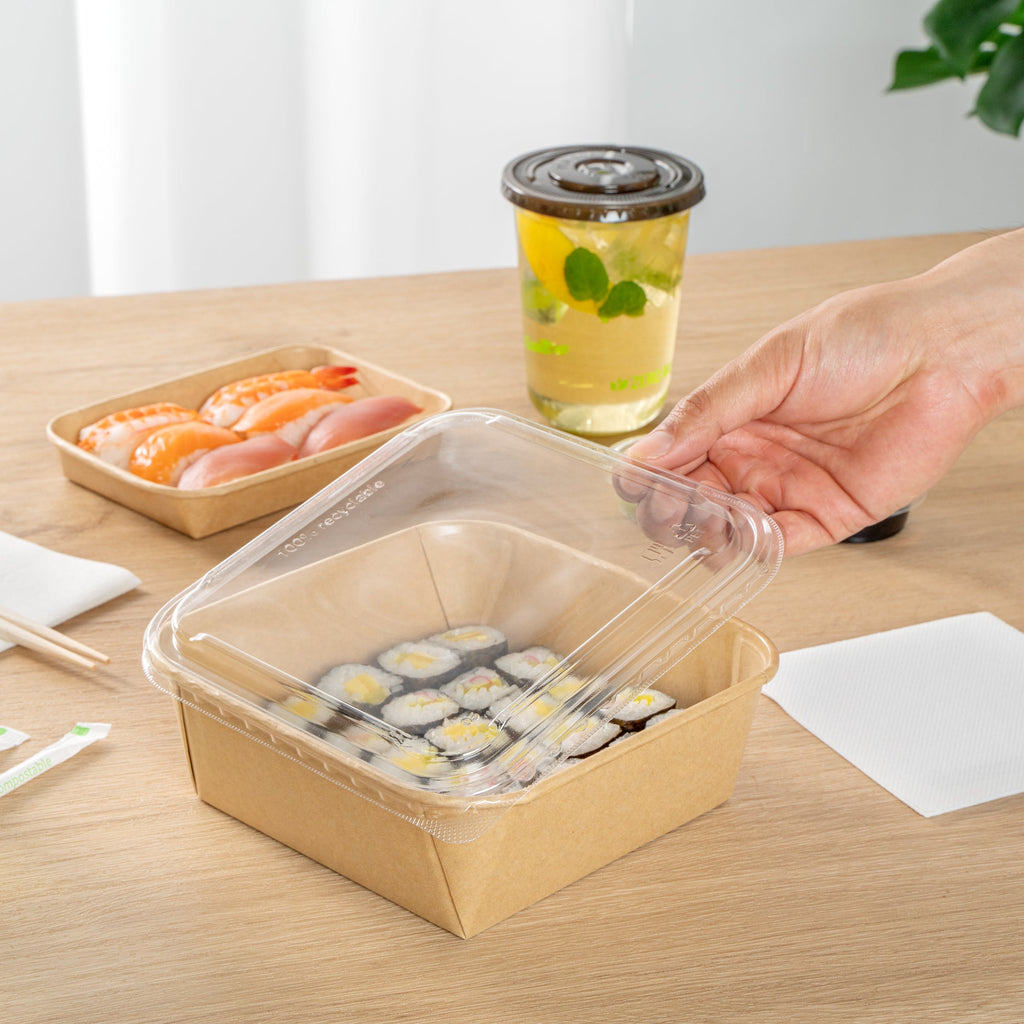 Matsuri Vision Clear PET Plastic Lid - Fits 34 and 45 oz Sushi Containers, Anti-Fog - 50 count box