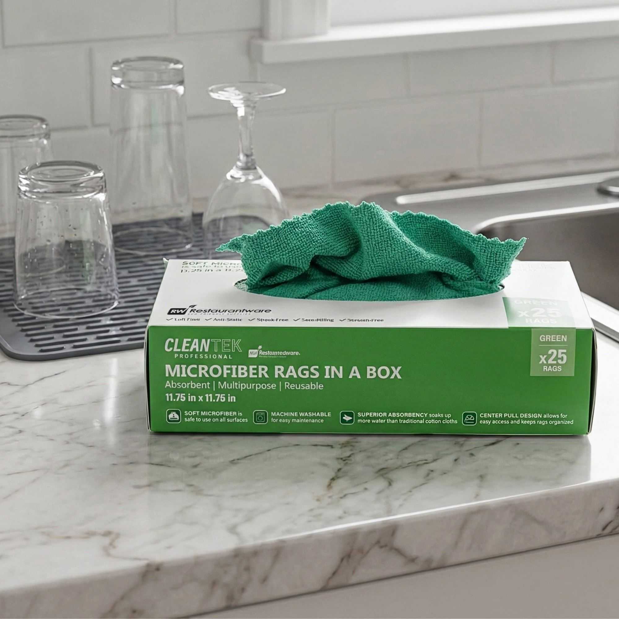 Clean Tek Professional Green Microfiber Rags In A Box - 11 3/4" x 11 3/4" - 25 count box
