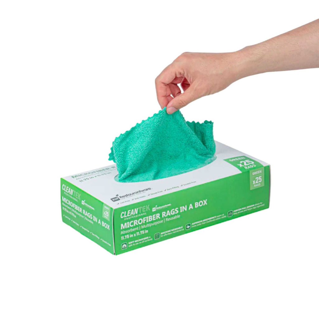 Clean Tek Professional Green Microfiber Rags In A Box - 11 3/4" x 11 3/4" - 25 count box