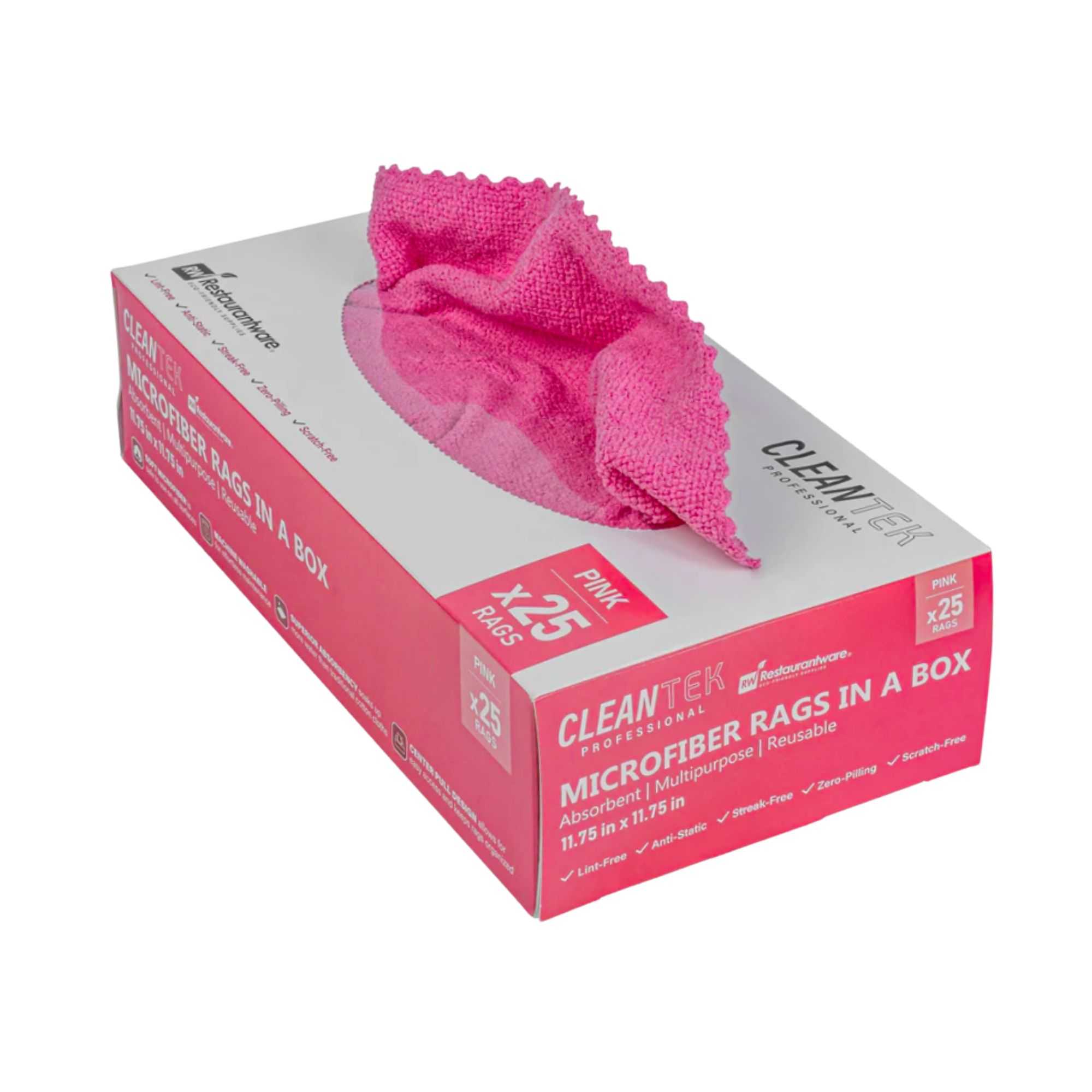 Clean Tek Professional Pink Microfiber Rags In A Box - 11 3/4" x 11 3/4" - 25 count box