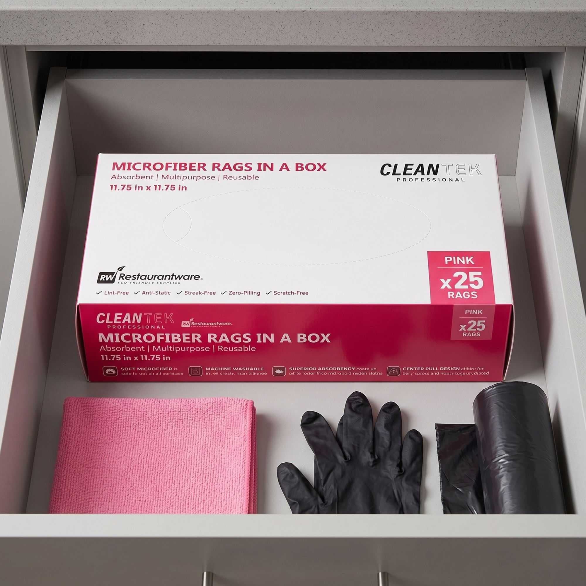 Clean Tek Professional Pink Microfiber Rags In A Box - 11 3/4" x 11 3/4" - 25 count box