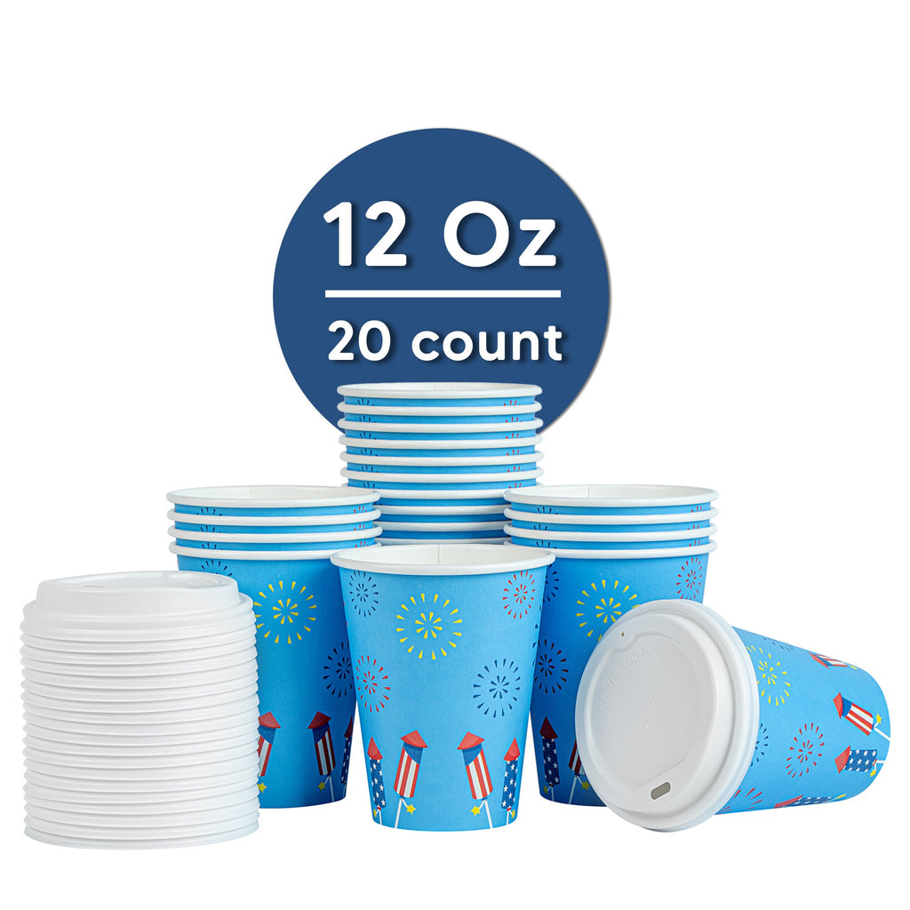 Restpresso 12 oz 4th of July Paper Single Wall Coffee Cup - with White Lid - 3 1/2" x 3 1/2" x 4 3/4" - 20 count box