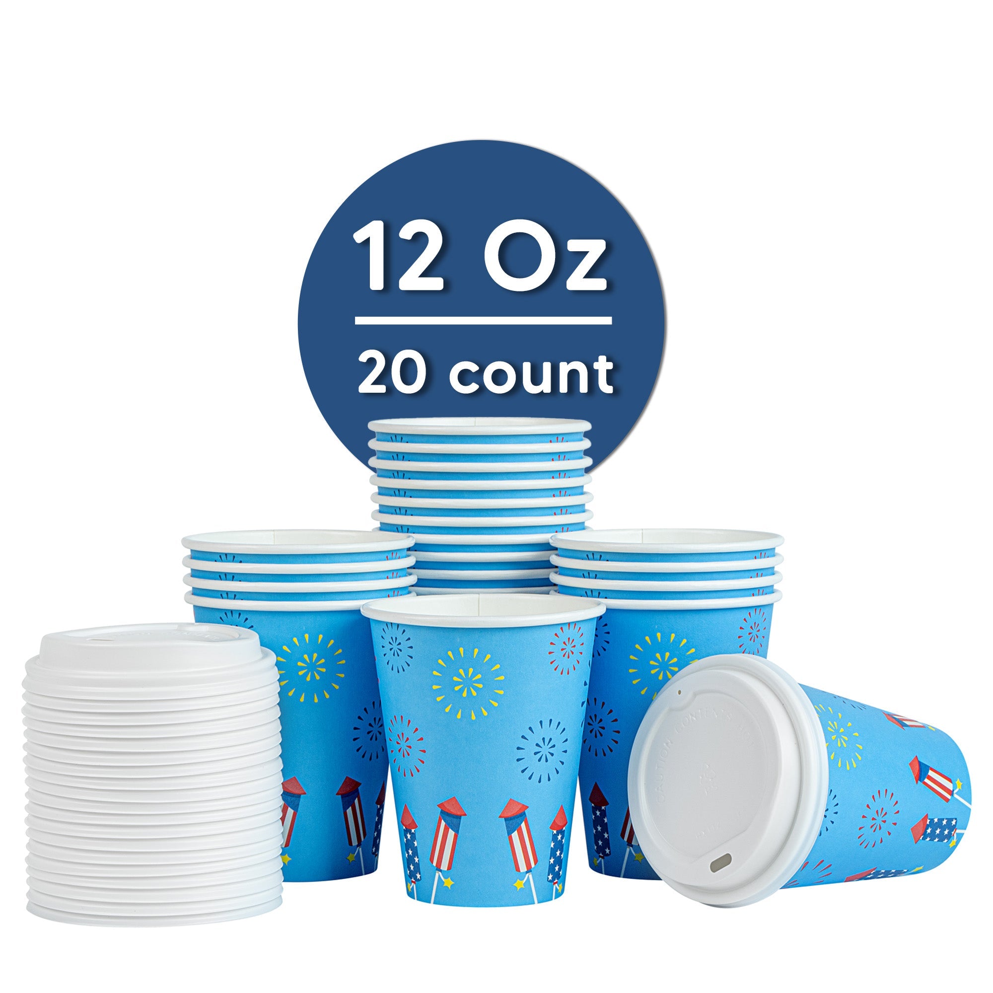 Restpresso 12 oz 4th of July Paper Single Wall Coffee Cup - with White Lid - 3 1/2" x 3 1/2" x 4 3/4" - 20 count box