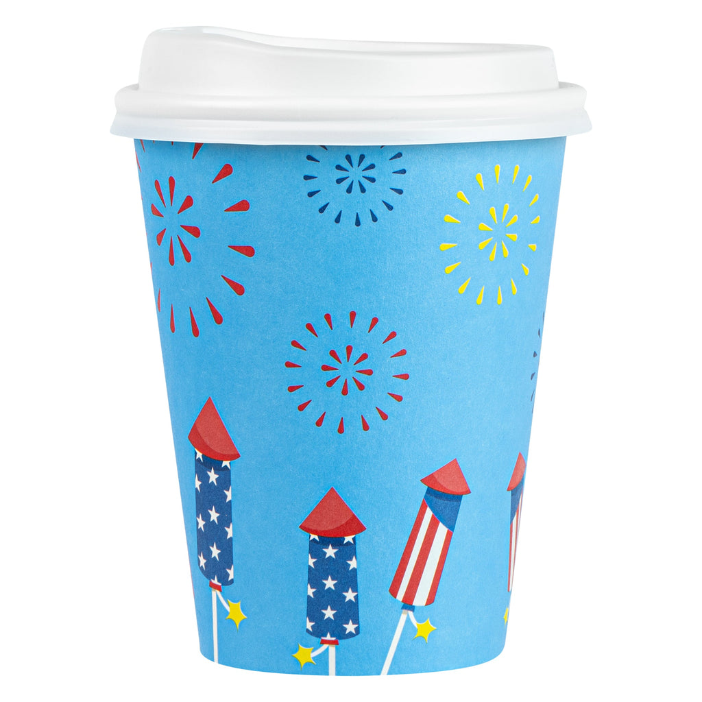 Restpresso 12 oz 4th of July Paper Single Wall Coffee Cup - with White Lid - 3 1/2" x 3 1/2" x 4 3/4" - 20 count box