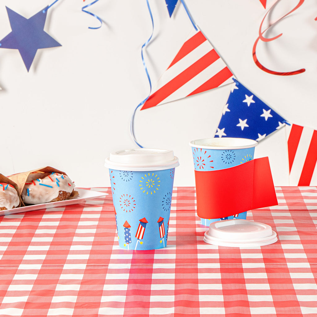 Restpresso 12 oz 4th of July Paper Single Wall Coffee Cup - with White Lid - 3 1/2" x 3 1/2" x 4 3/4" - 20 count box