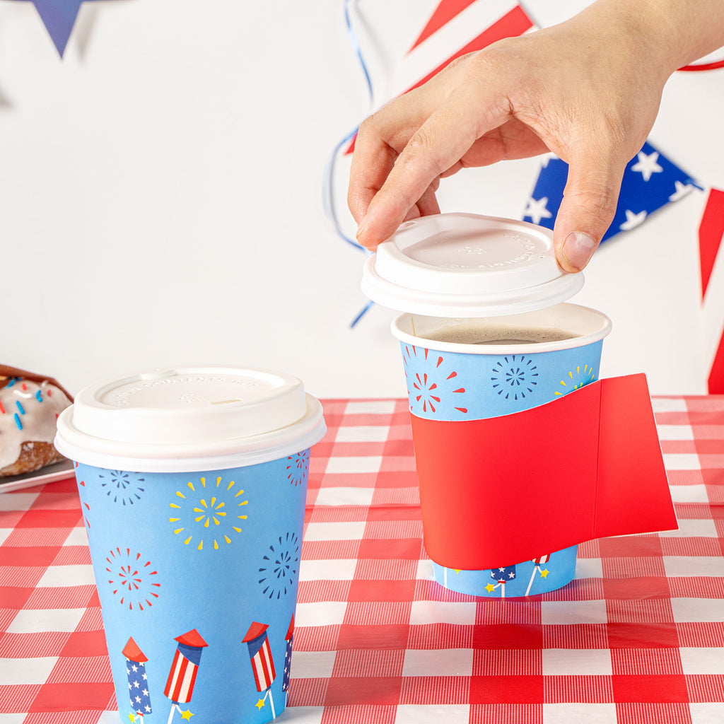 Restpresso 12 oz 4th of July Paper Single Wall Coffee Cup - with White Lid - 3 1/2" x 3 1/2" x 4 3/4" - 20 count box