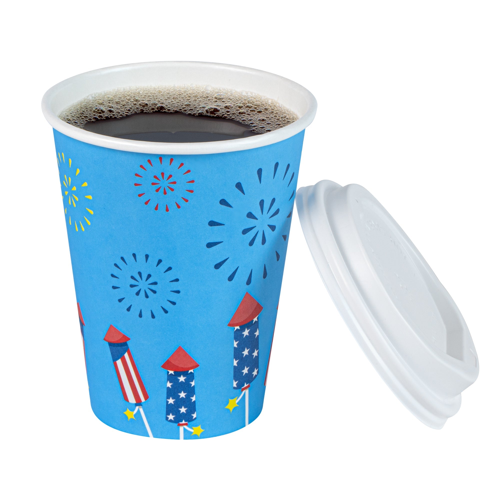 Restpresso 12 oz 4th of July Paper Single Wall Coffee Cup - with White Lid - 3 1/2" x 3 1/2" x 4 3/4" - 400 count box