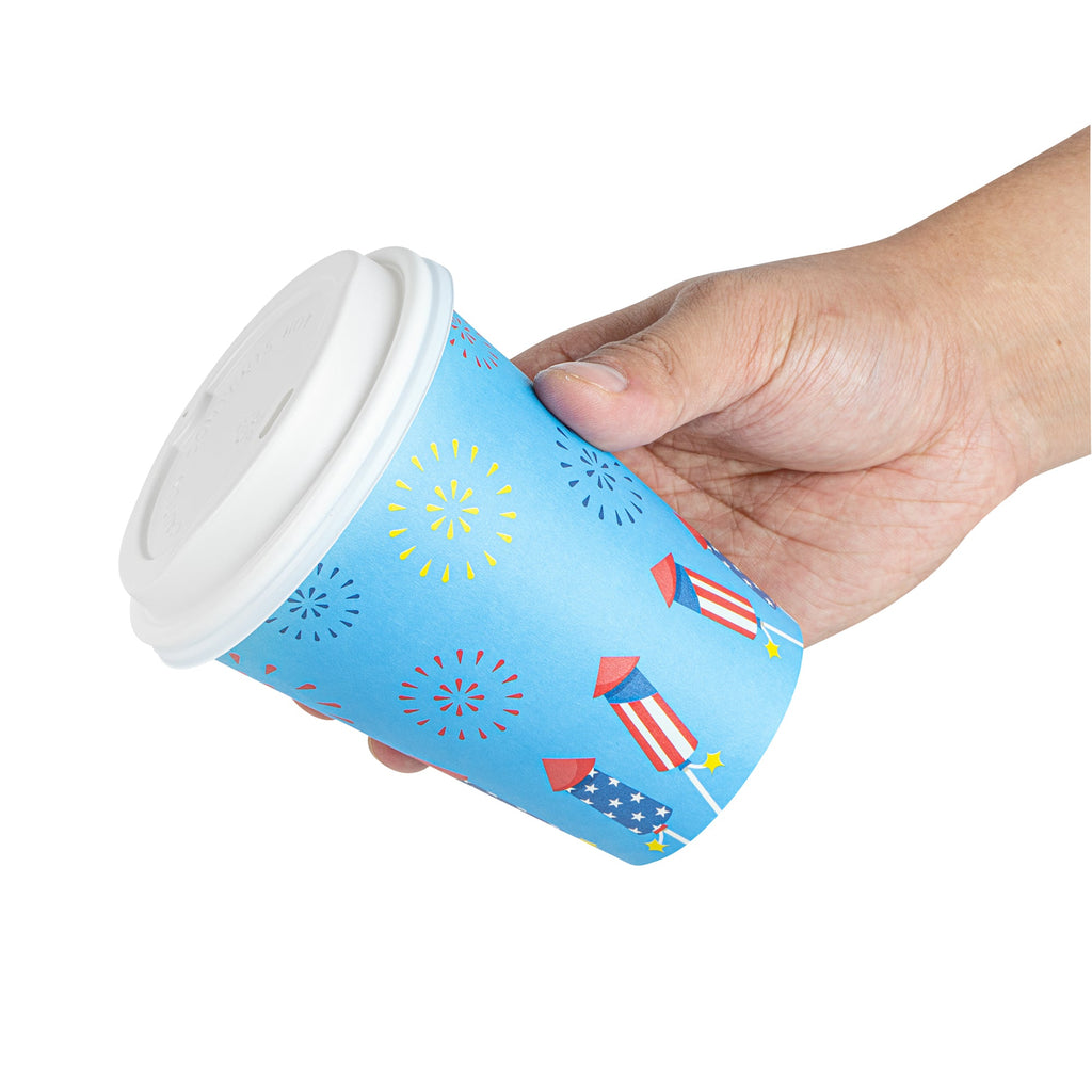 Restpresso 12 oz 4th of July Paper Single Wall Coffee Cup - with White Lid - 3 1/2" x 3 1/2" x 4 3/4" - 400 count box
