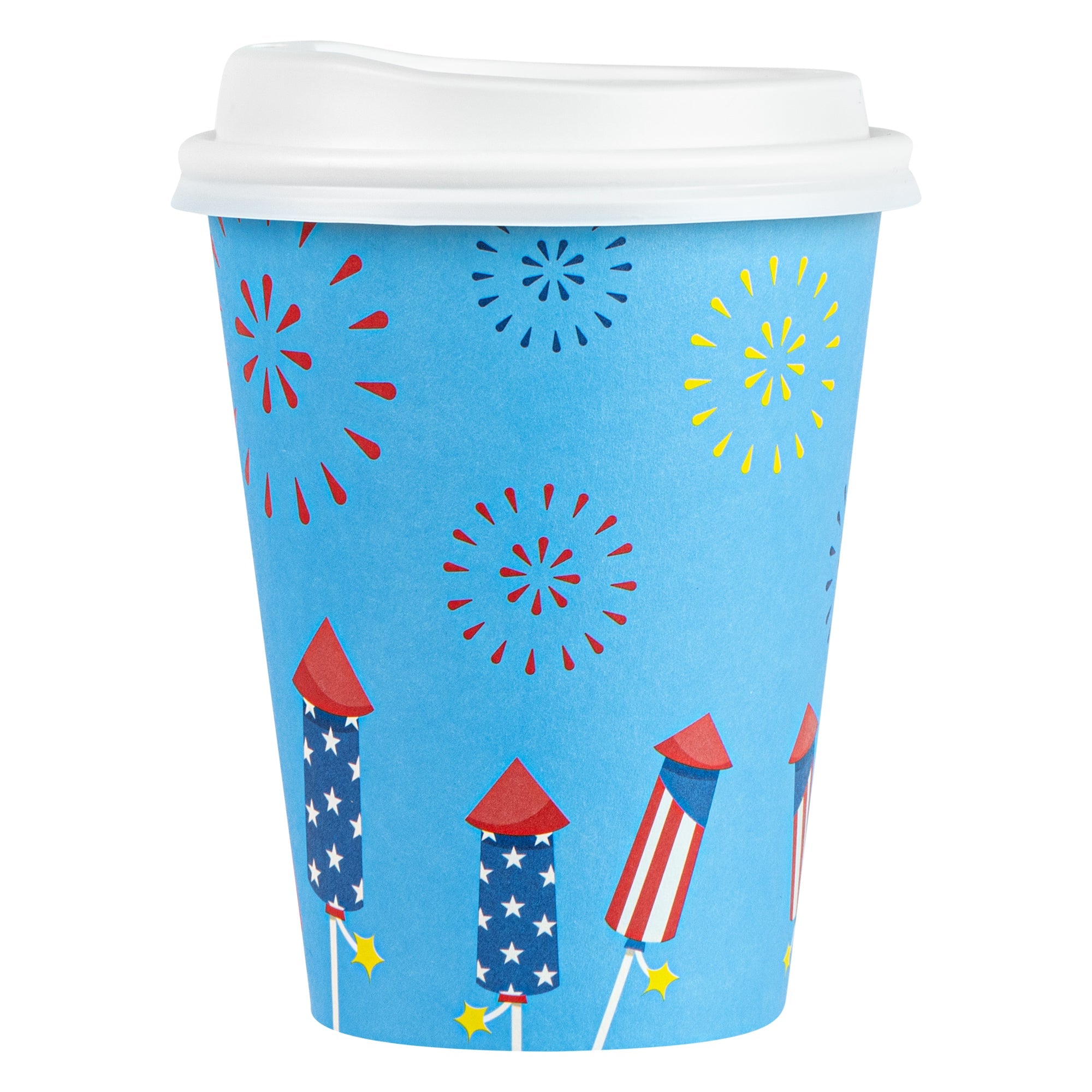 Restpresso 12 oz 4th of July Paper Single Wall Coffee Cup - with White Lid - 3 1/2" x 3 1/2" x 4 3/4" - 400 count box