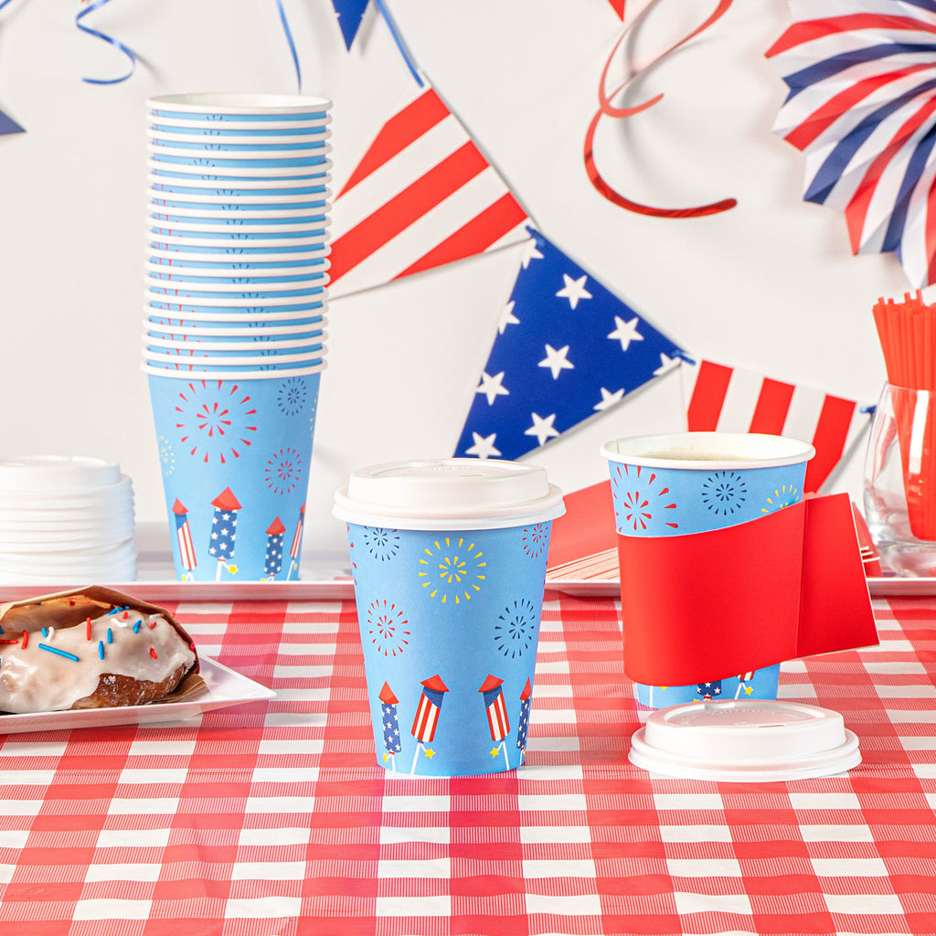 Restpresso 12 oz 4th of July Paper Single Wall Coffee Cup - with White Lid - 3 1/2" x 3 1/2" x 4 3/4" - 400 count box