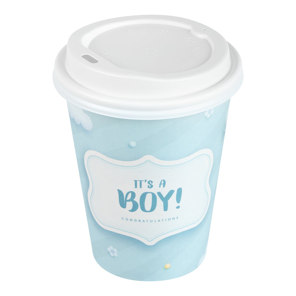 Restpresso 12 oz It's a Boy Paper Single Wall Coffee Cup - with White Lid - 3 1/2" x 3 1/2" x 4 3/4" - 400 count box
