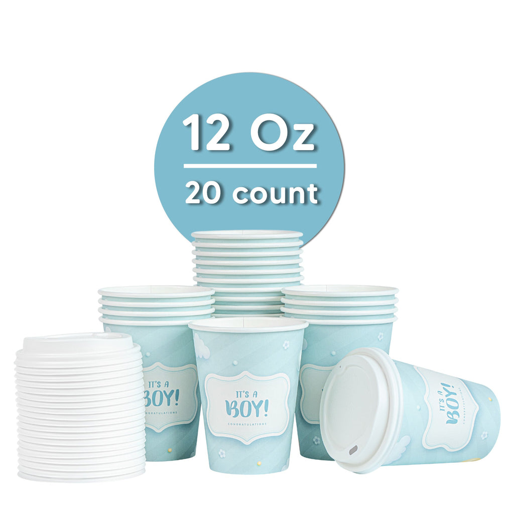 Restpresso 12 oz It's a Boy Paper Single Wall Coffee Cup - with White Lid - 3 1/2" x 3 1/2" x 4 3/4" - 20 count box