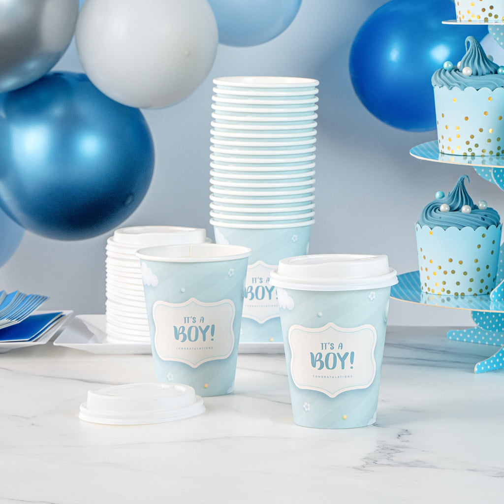 Restpresso 12 oz It's a Boy Paper Single Wall Coffee Cup - with White Lid - 3 1/2" x 3 1/2" x 4 3/4" - 20 count box