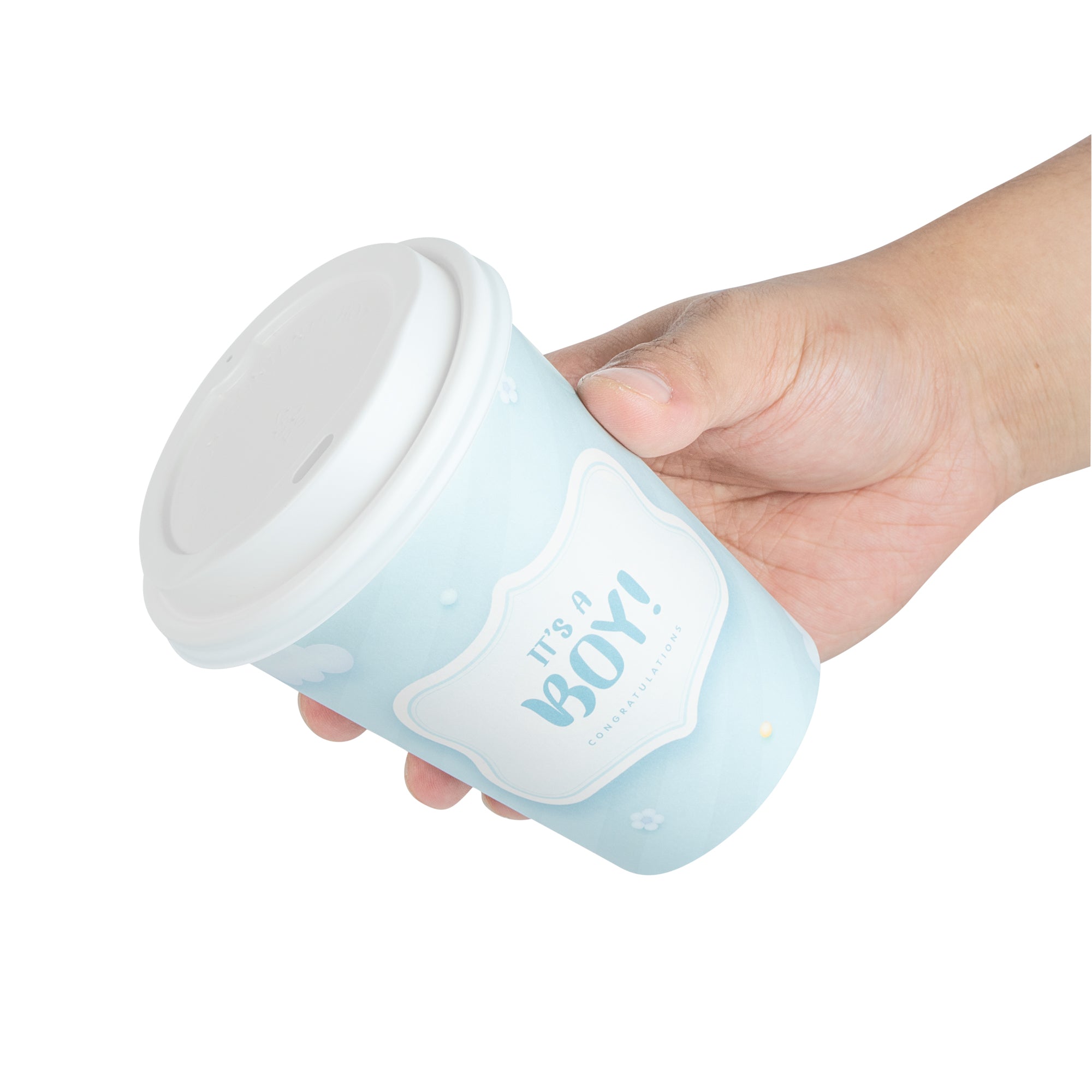 Restpresso 12 oz It's a Boy Paper Single Wall Coffee Cup - with White Lid - 3 1/2" x 3 1/2" x 4 3/4" - 20 count box