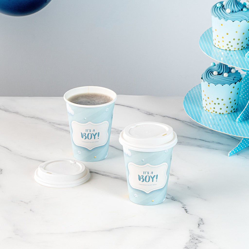 Restpresso 12 oz It's a Boy Paper Single Wall Coffee Cup - with White Lid - 3 1/2" x 3 1/2" x 4 3/4" - 20 count box