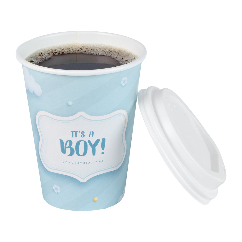 Restpresso 12 oz It's a Boy Paper Single Wall Coffee Cup - with White Lid - 3 1/2" x 3 1/2" x 4 3/4" - 400 count box