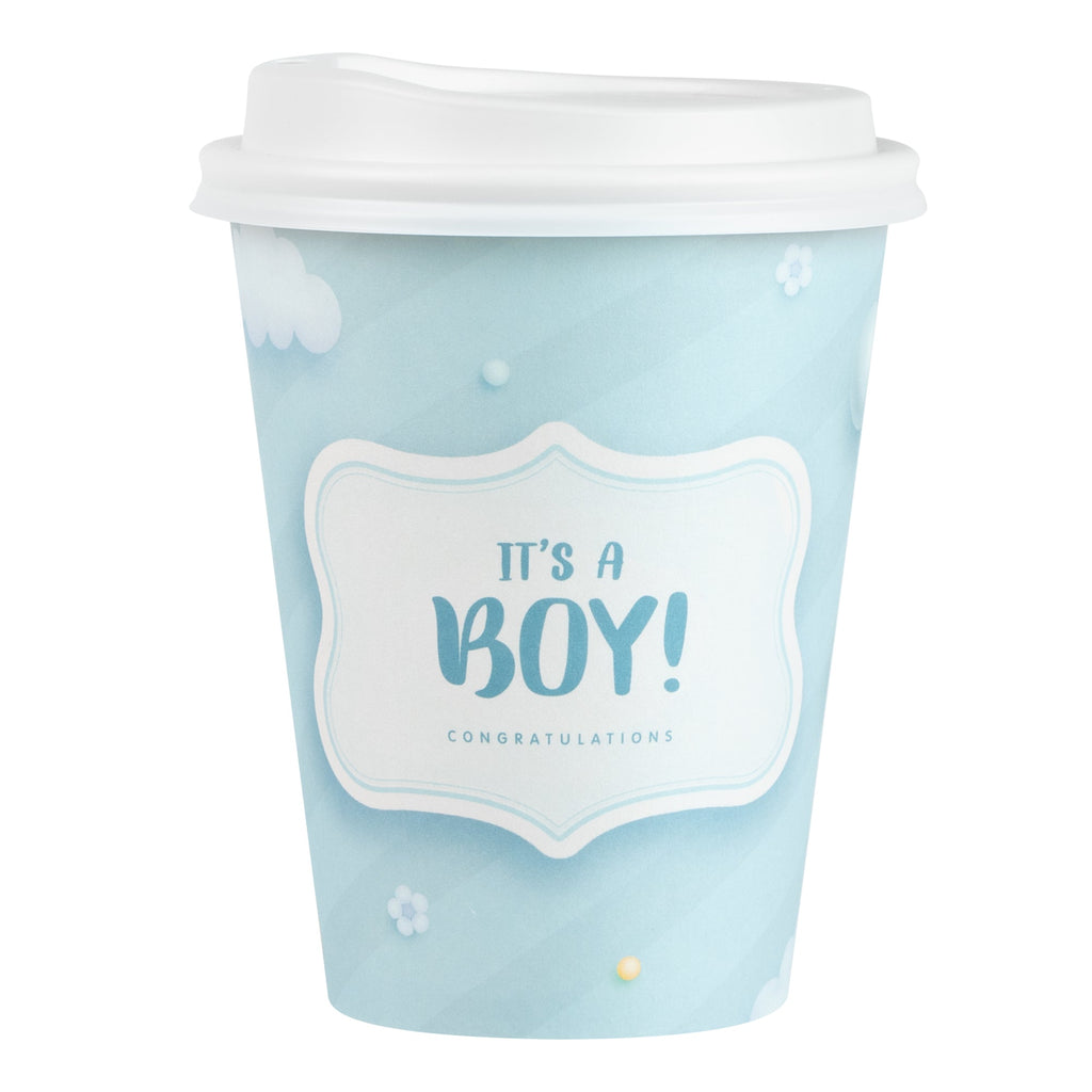 Restpresso 12 oz It's a Boy Paper Single Wall Coffee Cup - with White Lid - 3 1/2" x 3 1/2" x 4 3/4" - 400 count box