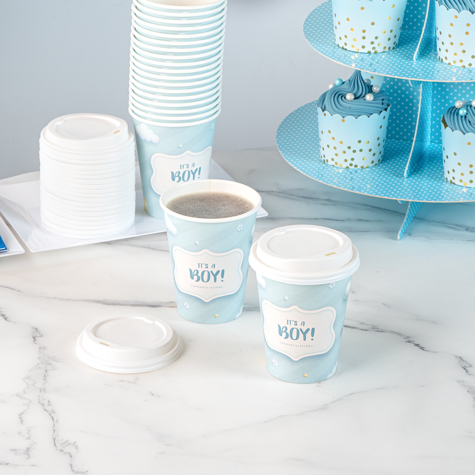 Restpresso 12 oz It's a Boy Paper Single Wall Coffee Cup - with White Lid - 3 1/2" x 3 1/2" x 4 3/4" - 400 count box
