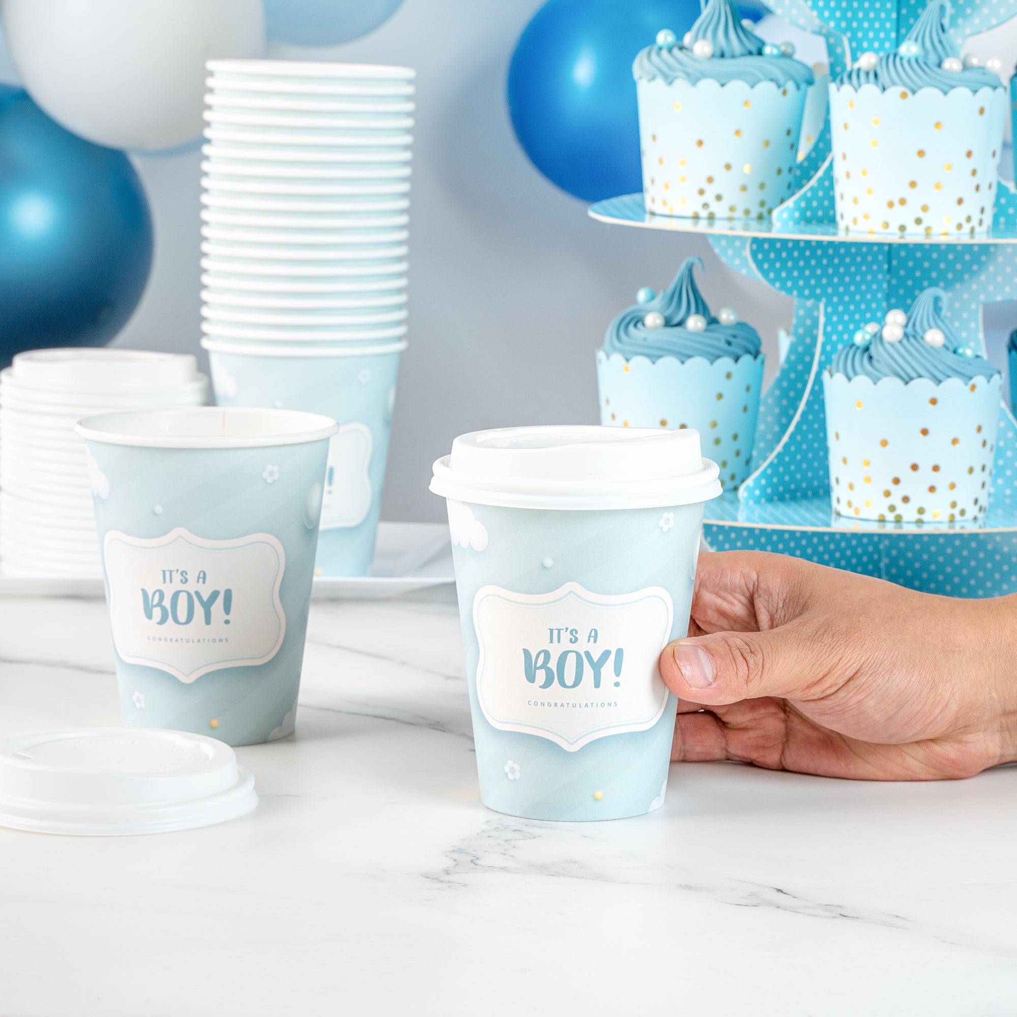 Restpresso 12 oz It's a Boy Paper Single Wall Coffee Cup - with White Lid - 3 1/2" x 3 1/2" x 4 3/4" - 400 count box