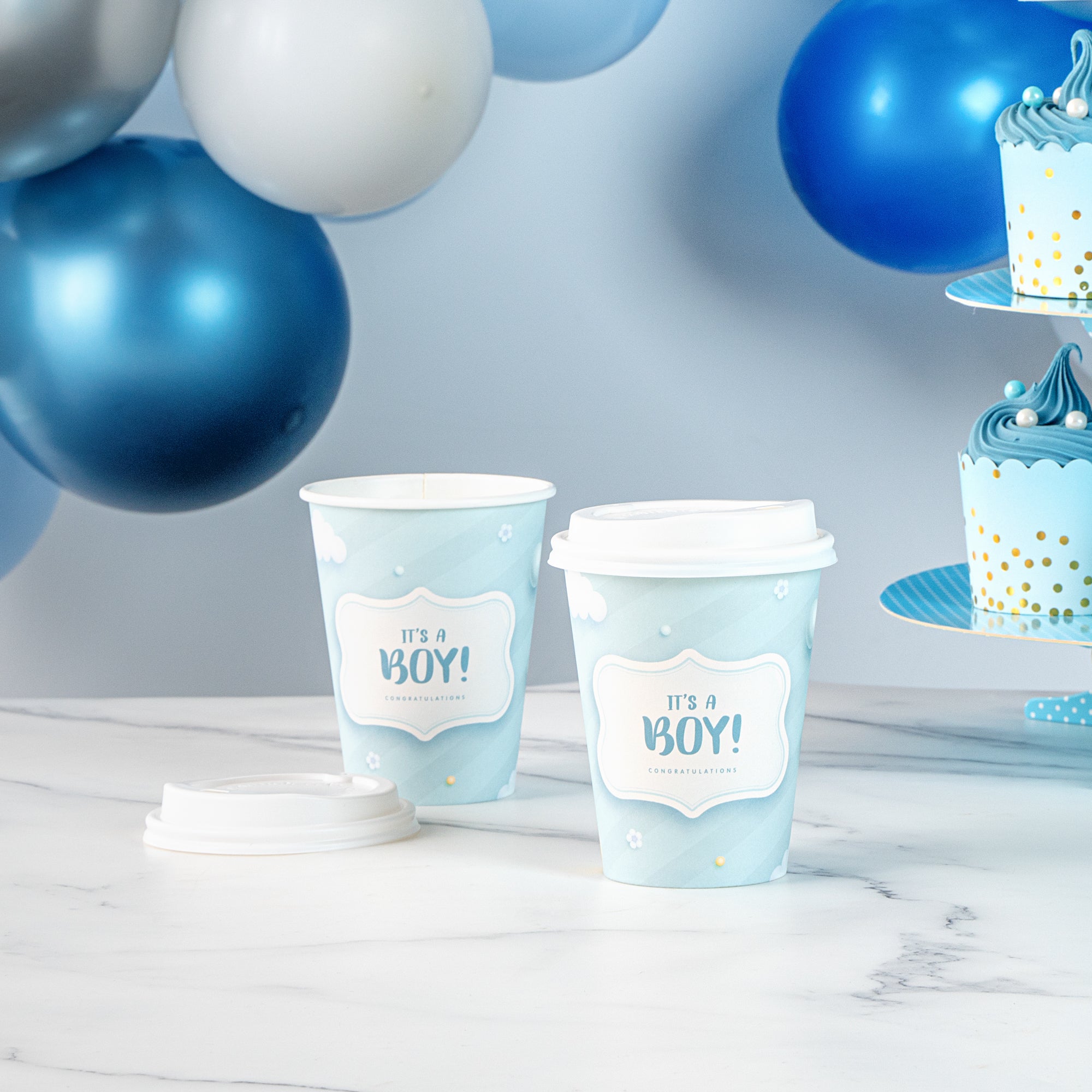 Restpresso 12 oz It's a Boy Paper Single Wall Coffee Cup - with White Lid - 3 1/2" x 3 1/2" x 4 3/4" - 400 count box