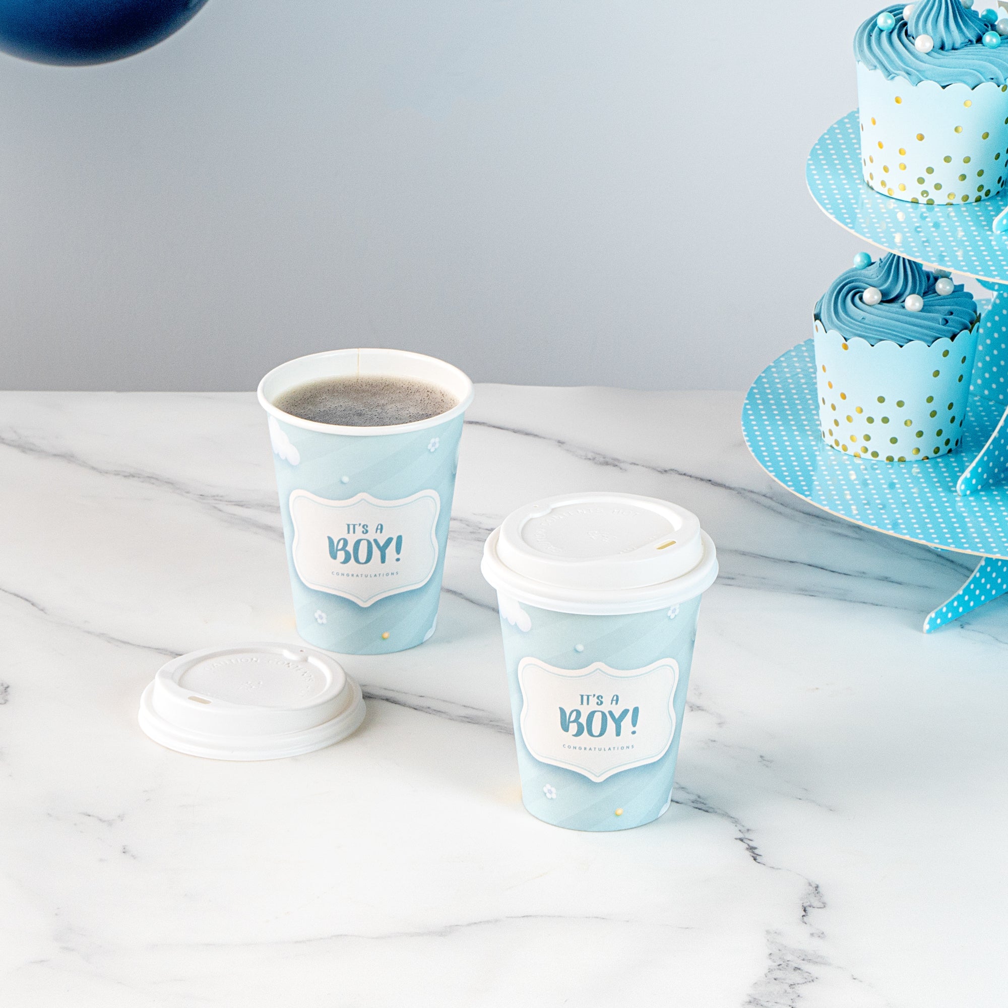 Restpresso 12 oz It's a Boy Paper Single Wall Coffee Cup - with White Lid - 3 1/2" x 3 1/2" x 4 3/4" - 400 count box